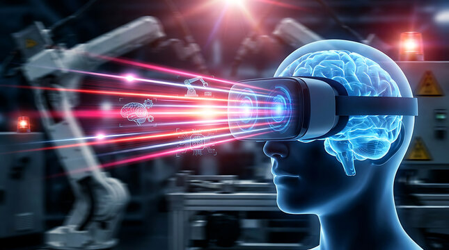 Digital human wearing a virtual reality headset to monitor and control robotic arms in a futuristic smart factory environment