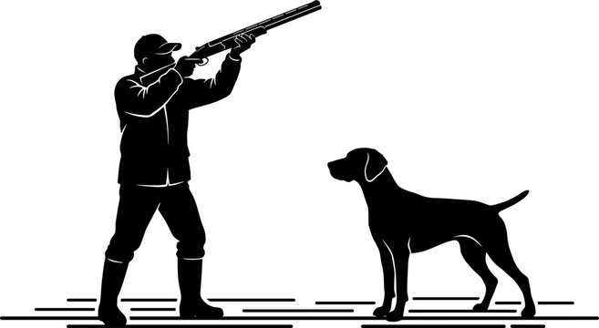 Silhouette of hunter with shotgun standing beside attentive dog companion representing outdoor activity, teamwork, and sporting lifestyle