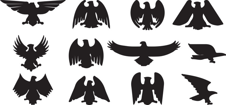 Collection of black eagle silhouettes in various flying positions
