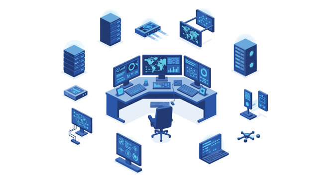 An isometric view depicts a high-tech command center with multiple monitors, servers, and networking equipment arranged in a complex operational hub.