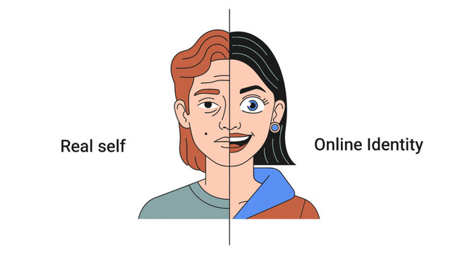 Split personality, dual identity, online persona, vector illustration