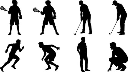 Sports silhouettes including lacrosse, golf, and running poses isolated on white background representing athletic activity, competition, fitness, and dynamic movement © Jahanara