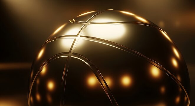 Close-up shot of a shiny gold basketball with bright lights reflecting off its surface