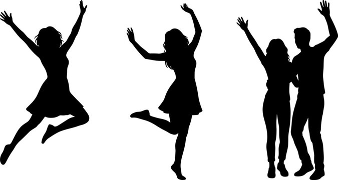 Silhouette collection of people celebrating in joyful poses including jumping, dancing, standing together, and raising arms in happiness