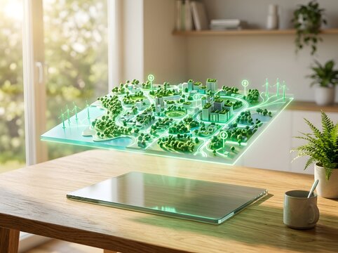Futuristic smart city projected from a tablet on a wooden table
