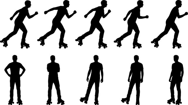 Inline skating male silhouettes set showcasing roller skating motion sequence, standing poses, balance control and dynamic recreational sport activity