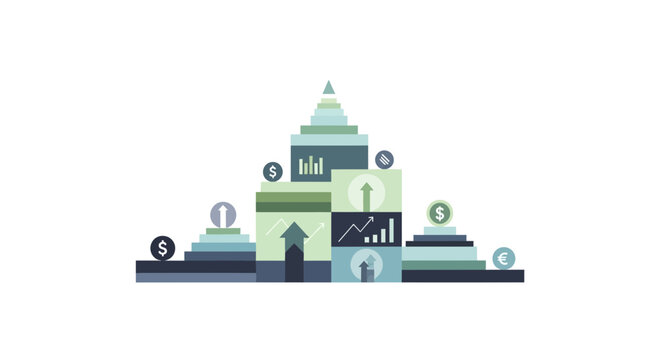 Business growth, finance icons, pyramid charts, green blue vector graphics, business strategy, infographic elements