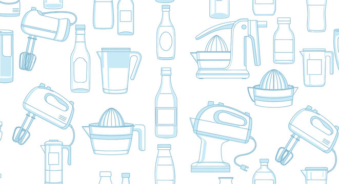 Seamless pattern of kitchen appliances and drink containers.