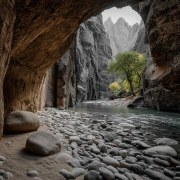 Cave Opening to a River Canyon with Mountains and Trees.
