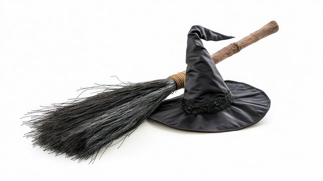 A black witch's hat with a pointy brim and a black broomstick lie together on a white background.