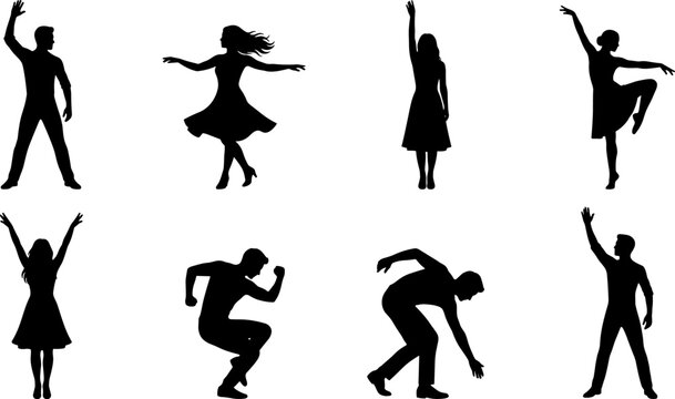Dance silhouettes set featuring expressive male and female dancers in dynamic poses, modern movement, freestyle performance and artistic body motion