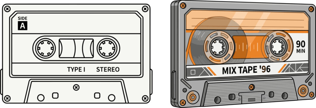 Vintage cassette tape illustration set featuring retro audio cassettes, mix tape design, analog music concept and nostalgic recording technology elements