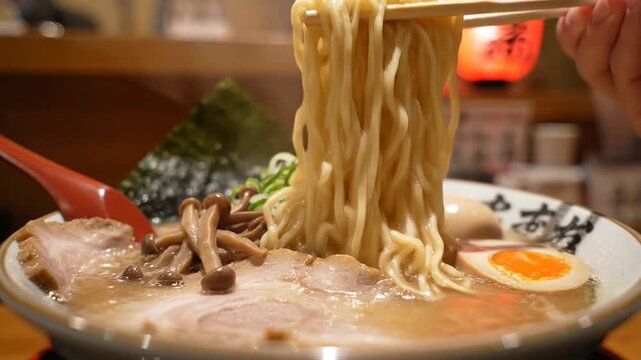 Authentic Japanese Ramen Noodles with Pork and Egg Lifted with Chopsticks