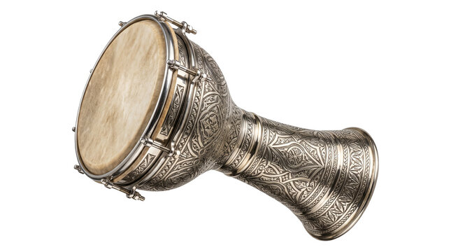 Traditional doumbek drum with ornate metal engravings, silver darbuka goblet drum on white background, ethnic percussion instrument for world music