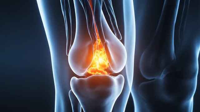 A semi‑transparent knee joint glows orange‑yellow at the center, symbolizing arthritis, injury, and medical focus on musculoskeletal pain and treatment.