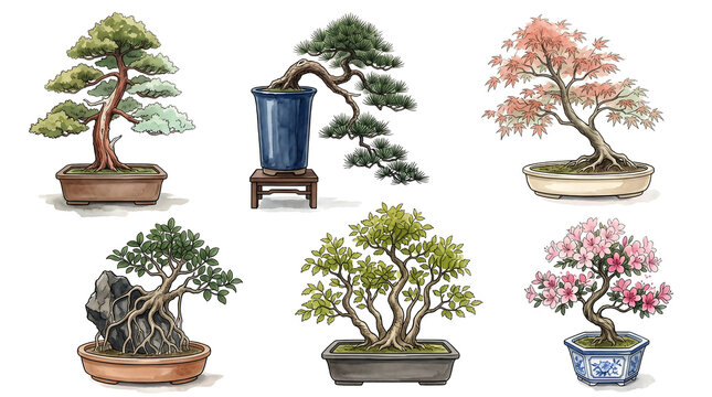 Watercolor Ink Hybrid Collection of Bonsai and Miniature Potted Trees on White Background