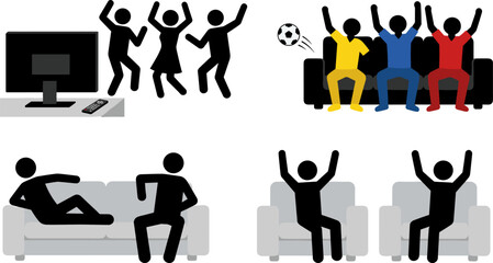 Fototapeta premium Stick figure silhouettes watching television in different poses including cheering, celebrating soccer, relaxing on couch, and raising arms in excitement