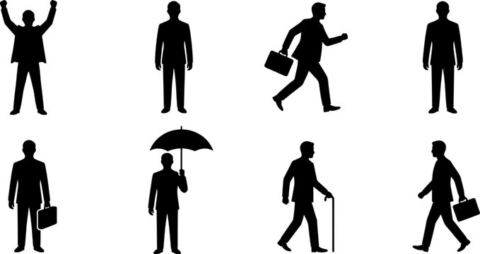 Silhouette collection of people in everyday standing, walking, and professional poses with briefcase, umbrella, and cane for design use