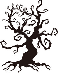 Tree silhouette stands with gnarled branches and exposed roots against a solid background to create a dark atmospheric mood for seasonal themes or nature-inspired graphic design projects. © creative boy