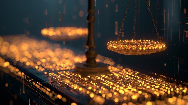 A close-up of digital scales of justice illuminated by warm orange light, highlighting the intricate data patterns within.
