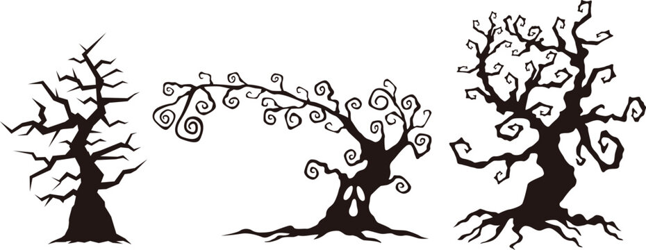 Spooky trees with twisted branches and eerie shapes create a dark forest atmosphere suitable for thematic Halloween decorations and gothic art projects featuring stylized natural elements.