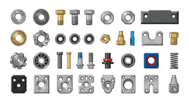 A diverse array of industrial hardware components including metallic gears and bolts arranged neatly on a plain white background in a studio lighting setup.