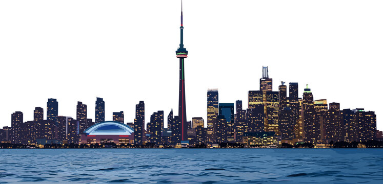 Toronto city skyline with CN Tower and waterfront at night in illuminated urban landscape for travel and architecture concepts