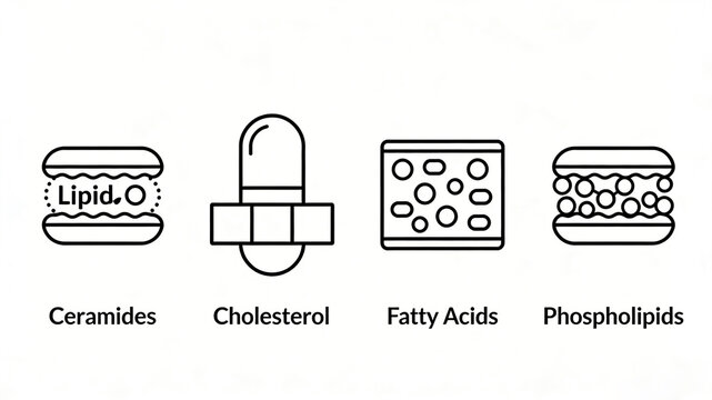 Displaying lipid icons such as ceramides, cholesterol, and phospholipids, representing the core skincare concept of scientifically repairing the skin barrier.
