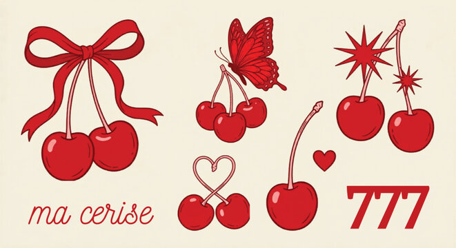 Vintage cherry vector set with red bow and butterfly, retro coquette aesthetic cherry illustrations, lucky 777 and ma cerise French text graphics