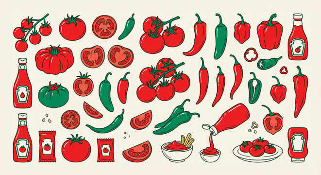 Retro tomato and chili pepper vector collection, vintage red vegetable icons and ketchup bottles, hand drawn organic food illustrations for menu design