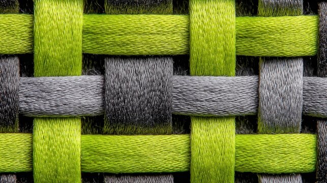 Colorful fabric details. Textured ribbon with fiber visibility. Closeup of woven colorful fabric bands. Industrial style fabric showcasing vibrant ribbon and sturdy recycled straps