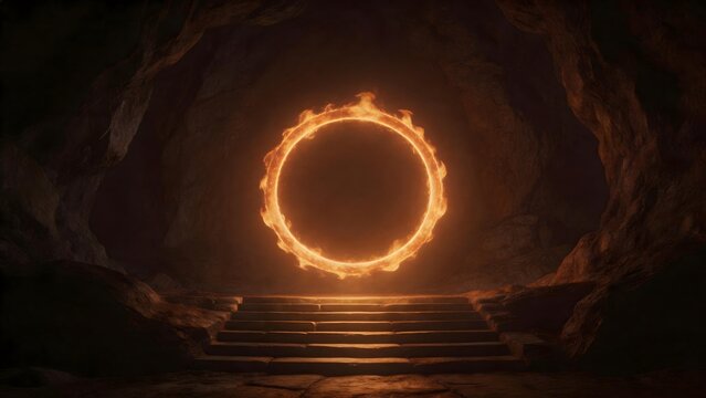 Flaming ring in cave with stone steps