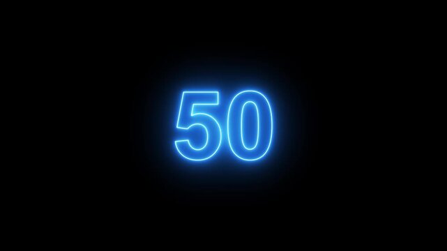 Neon countdown timer animation from 55 to 0 second animation on black background with alpha channel, 55 seconds countdown timer. Neon bright glowing countdown timer from 55 to 0 seconds.