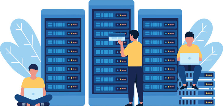 Data Center Server Rack Maintenance Vector Illustration with IT Specialists and Engineers Working on Laptops for Web Hosting Concept Designs