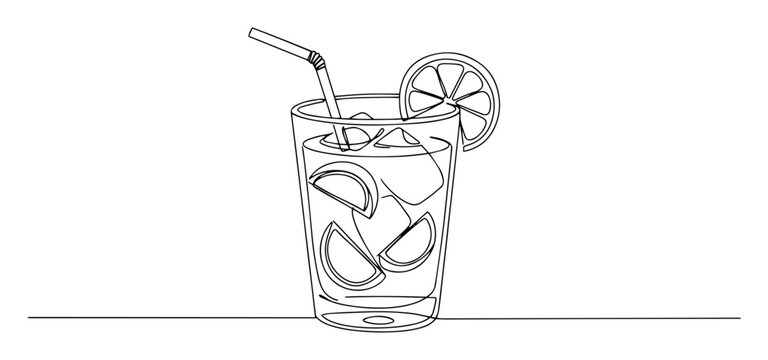 lemon drink with straw and ice - vector oneline monoline