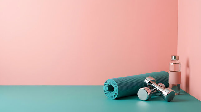 Fitness equipment including a rolled yoga mat, chrome dumbbells and a water bottle on a teal surface against a pink wall with copy space.