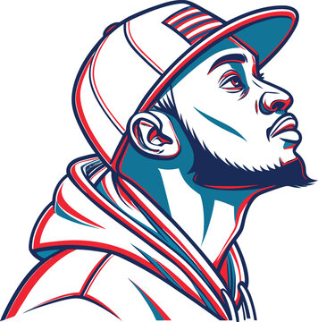 Stylized profile portrait of a young man wearing a baseball cap in a vibrant graphic art style