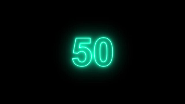 Neon countdown timer animation from 55 to 0 second animation on black background with alpha channel, 55 seconds countdown timer. Neon bright glowing countdown timer from 55 to 0 seconds.