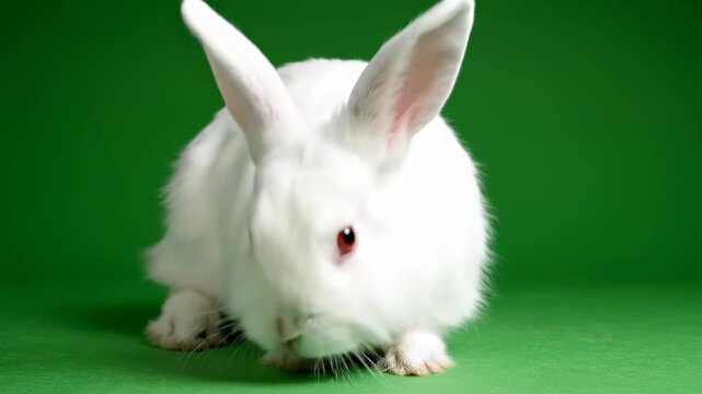 A fluffy white domestic rabbit with red eyes sits against a vibrant solid green background in a studio portrait.