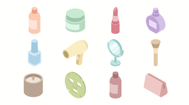 Isometric Beauty Icons Set: Makeup, Skincare, Haircare, and Fragrance - 3D Vector