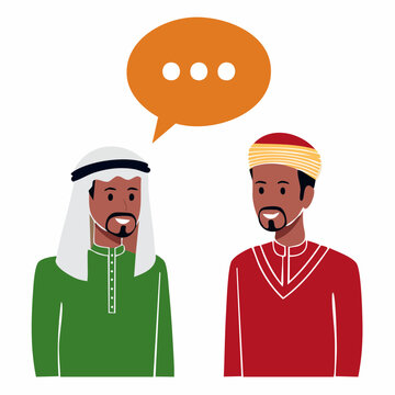 Two men in traditional Middle Eastern attire talking with a speech bubble