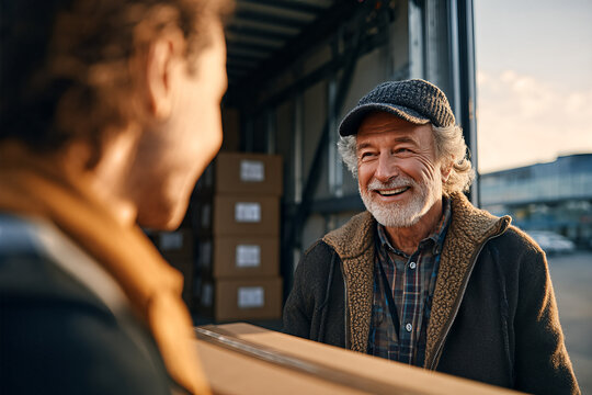 Smiling older delivery driver with gray beard and knit cap receiving a cardboard box at sunlit loading bay, wearing shearling jacket and plaid shirt