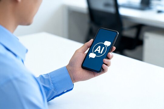 Person holding smartphone with AI icon
