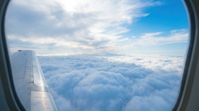 m Airplane window view of white clouds and blue sky, aerial aircraft wing perspective, scenic high altitude flight background for travel concepts