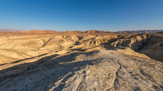 m Arid desert mountain landscape under clear blue sky, vast sandy canyon wilderness, dry rocky hills and geological formations in golden sunlight