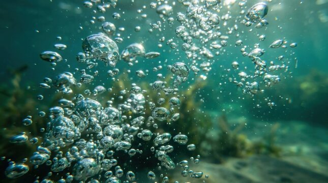 m Underwater air bubbles rising in turquoise ocean water, sparkling oxygen bubbles in sea with sunlight rays, aquatic background with marine plants