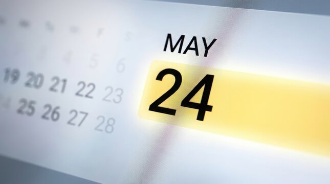 May 24 calendar date highlighted in yellow, monthly planner page with focus on May 24th, spring schedule and deadline reminder concept