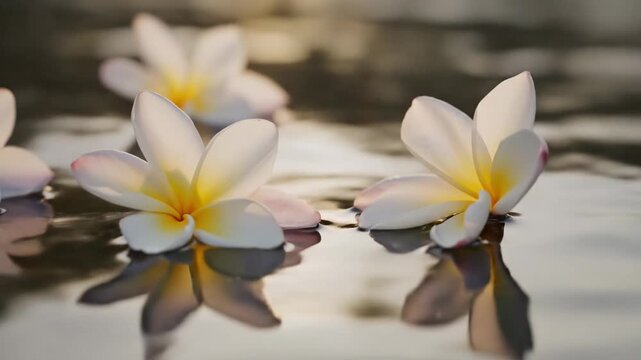Beautiful white plumeria flowers floating on calm water surface for spa and wellness concept.