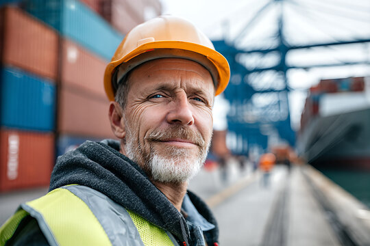 Mature port logistics supervisor with grey beard wearing yellow hard hat and high - visibility vest over hoodie, confident half - smile with container cranes behind