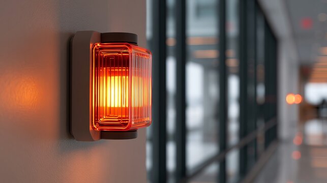 A close-up of a bright orange emergency exit light glowing on a wall in a modern building hallway.